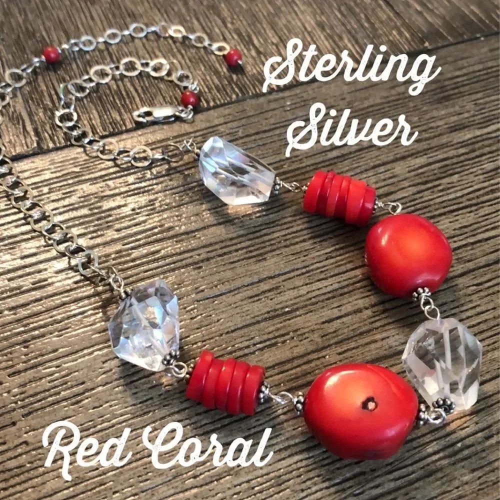 Vintage Sterling Red Coral & Cut Crystal Necklace